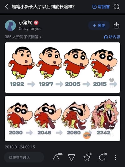 这是知乎用户“小猪熊”针对提问“蜡笔小新长大了以后到底长啥样？”发布的回答内容，回答以一组时间线演变图呈现。图中分为上下两部分，上半部分展示1992到2015年蜡笔小新的正常画风迭代，角色保持着标志性的粗眉毛、红上衣黄短裤，奔跑的姿态，画风逐渐变得圆润；下半部分则是恶搞的未来时间线，从2030到2242年，蜡笔小新的形象逐渐扭曲变形，最终完全崩坏解构，用夸张戏谑的方式回应“长大后的样子”，该回答获得385人赞同。