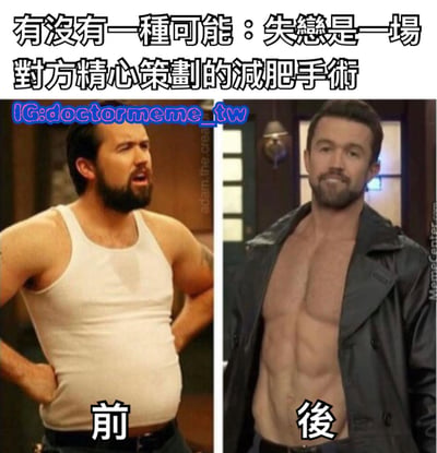 这是一张左右对比图，左侧显示一位穿着白色背心、有明显肚腩的男性，右侧显示同一位男性但身材变得非常健硕，敞开黑色皮夹克露出肌肉线条。图片上方配有文字：'有没有一种可能：失恋是一场对方精心策划的减肥手术'，用幽默调侃的方式表达失恋后可能因情绪影响而变瘦的现象。