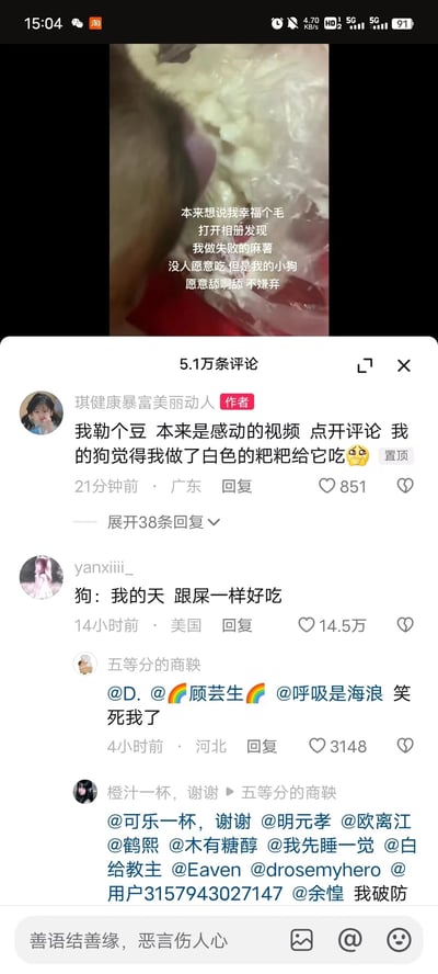 这是一张竖屏的社交媒体评论区截图，上方是短视频画面，画面中是失败的麻薯，配文原本走温情路线，表达自己做失败的麻薯没人吃，只有自家小狗不嫌弃，让自己感到些许慰藉。但评论区画风突变，高赞评论调侃小狗觉得这麻薯和屎一样好吃，作者也置顶评论回应，称本来是感动视频，结果评论让她觉得小狗把麻薯当成了白色粑粑，其他用户也纷纷@好友分享这份搞笑，整体内容充满反差感，从温情转向搞笑，展现了日常里的趣味瞬间。