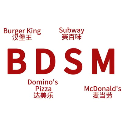 这张梗图以白色为背景，上方左侧是红色的'Burger King 汉堡王'字样，右侧是红色的'Subway 赛百味'字样，中间是大号红色的'BDSM'字母，下方左侧是红色的'Domino's Pizza 达美乐'字样，右侧是红色的'McDonald's 麦当劳'字样。

该图通过取四个快餐品牌英文名称的首字母（Burger King的B、Domino's Pizza的D、Subway的S、McDonald's的M），组合成了'BDSM'这一具有特殊含义的英文缩写，形成了幽默的谐音梗效果。