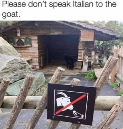 图片上方配有英文文字“Please don’t speak Italian to the goat.”（别对着山羊说意大利语），画面展示了一个农场/动物园的木质山羊棚，棚内有一只黑色山羊，前景围栏上挂着一块禁止投喂山羊的标识。这个标识的图案被玩梗：图案里的山羊看起来像是做出了意大利经典手势（拇指与食指捏合、其余手指伸直的手势，是意大利文化里常见的标志性手势），配合上方的文字，制造出荒诞搞笑的效果，仿佛山羊能听懂意大利语，这个手势和意大利语相关，形成了趣味错位的梗。
笑点解析：将禁止投喂的标识图案误解为山羊做意大利手势，结合文字构建出“别和山羊说意大利语”的荒诞设定，用日常公共标识制造无厘头的搞笑效果。