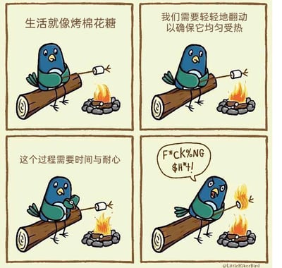 这是一组四格卡通漫画，以拟人化的蓝绿色小鸟烤棉花糖的过程，来比喻生活的哲理：第一格，小鸟坐在木杆上，手持串着棉花糖的棍子在篝火上烤制，配文“生活就像烤棉花糖”；第二格，小鸟轻轻翻动棉花糖，配文“我们需要轻轻地翻动以确保它均匀受热”；第三格，小鸟保持动作，配文“这个过程需要时间与耐心”；第四格，棉花糖突然着火，小鸟瞬间崩溃，愤怒地爆出模糊处理的脏话，形成强烈的反差。漫画用温馨的哲理铺垫，最后以翻车的吐槽收尾，生动地表现了生活中人们付出耐心与努力，却依然可能遭遇意外失败的无奈与崩溃，充满搞笑又扎心的共鸣感。