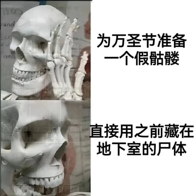图片分为左右两部分，左侧是两张不同角度的白色骷髅头及骨骼模型特写，右侧是黑色文字内容。上半部分文字写着“为万圣节准备一个假骷髅”，下半部分文字则转折为“直接用之前藏在地下室的尸体”，通过这种意想不到的反差制造黑色幽默效果。