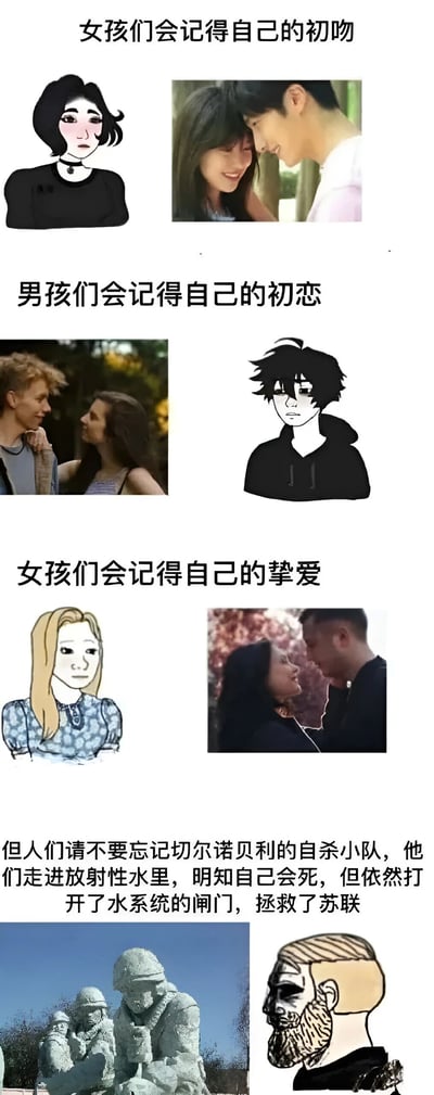 这是一张多图拼接的对比类梗图，通过四组图文对比展现不同人群的记忆重点。前三个部分分别以"女孩们会记得自己的初吻"、"男孩们会记得自己的初恋"、"女孩们记得自己的挚爱"为主题，每组都包含一张插画人物和一张真实情侣照片。最后一部分转折强调："但人们请不要忘记切尔诺贝利的自杀小队，他们走进放射性水里，明知自己会死，但依然打开了水系统的闸门，拯救了苏联"，配图为纪念碑照片和一位严肃的男性插画形象。整体采用垂直排列的叙事结构，从个人情感记忆过渡到历史集体记忆。