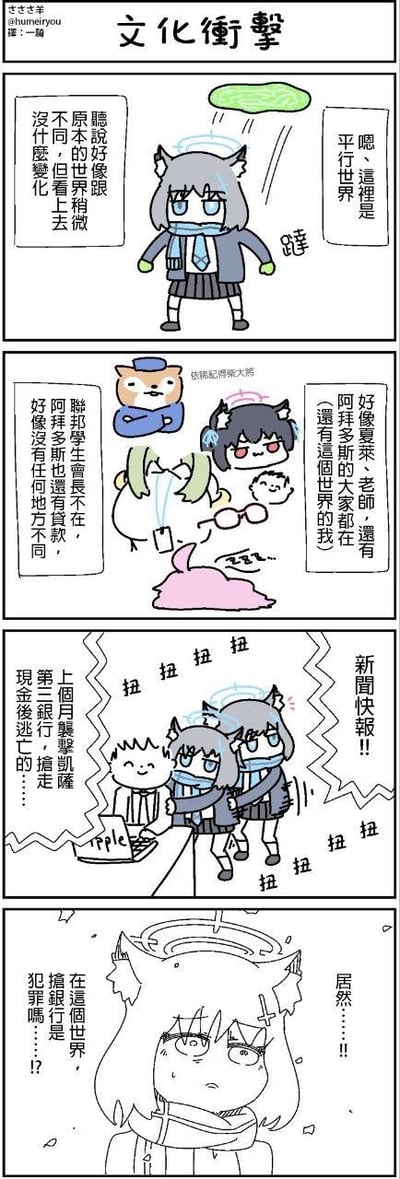 这是一幅基于游戏《蔚蓝档案》创作的四格同人搞笑漫画：
1. 第一格：角色白子发现自己身处平行世界，观察后觉得这里和原本的世界看起来没什么区别；
2. 第二格：她确认熟悉的伙伴夏莱、老师、阿拜多斯的众人都在，甚至还有另一个自己，只有联邦学生会长不在，阿拜多斯仍背负贷款，一切看似和原世界完全一致；
3. 第三格：新闻播报上个月发生了袭击凯撒第二银行并抢劫现金后逃亡的事件，而画面里白子和另一个自己被人扭送，看起来像是涉案人员；
4. 第四格：白子震惊地意识到，在这个平行世界里，抢银行居然是被定义为犯罪的行为，巨大的反差让她无比错愕。
漫画通过反转的平行世界设定制造强烈的搞笑效果，利用“文化冲击”的反差梗，颠覆了原游戏的世界观，给读者带来意外的笑点。
