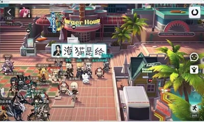 这是PC端游戏《明日方舟》的界面截图，呈现的是游戏内可自定义装饰的家园类场景，整体为热带滨海城镇风格，背景可见汉堡店、酒店标识、棕榈树、温泉路径标识等景观元素。大量Q版明日方舟干员小人分布在红砖铺就的步行区域，每个干员上方都标注了玩家自定义的昵称。场景中上部有玩家自定义的告示牌，内容为玩梗文字“海猫是给”，其中“海猫”是明日方舟的制作人海猫络合物，“给”是中文网络上对男同性恋的调侃性称呼，属于玩家对游戏制作人的趣味玩梗内容。界面边缘可见ESC、Shift等操作按钮，证实为PC端运行的游戏画面。
