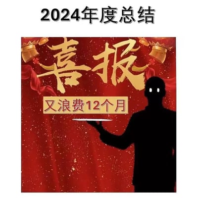 这是一张自嘲风格的2024年度总结梗图，顶部标注“2024年度总结”，主体是红色喜庆的中式喜报背景，搭配金色“喜报”大字和传统灯笼装饰，右侧有一个端着托盘的黑色剪影人物，做出展示姿态。喜报中间用黄底红字标注“又浪费12个月”，用极度喜庆的喜报形式，与“虚度一年”的自嘲内容形成强烈反差，以幽默的方式表达对自己2024年一事无成、虚度时光的调侃，精准戳中很多人年末时的自我调侃心态。