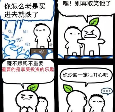 这是一张关于股票投资的四格漫画，主角为头顶绿叶的简笔画小人。剧情表现炒股者买入股票总是遇到下跌，被群体调侃和嘲笑。身旁的朋友试图安慰，用“享受投资的乐趣”自我开解，实际主角脸上却流露出无语和郁闷，形成强烈的自嘲与反讽。整体气氛搞笑但又略带心酸，非常契合投资者的日常心态，没有明显谐音梗，主要为自嘲和反差。