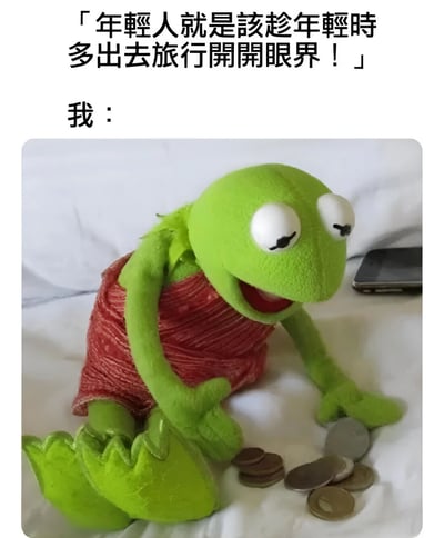 这张梗图上方配有文字“年轻人就是该趁年轻时多出去旅行开开眼界！”，下方则是“我：”加上一张科米蛙（绿色青蛙布偶角色）的照片。照片中科米蛙穿着红色上衣，坐在白色床单上，正低头数着面前的几枚硬币，表情带着一丝无奈又自嘲的微笑。图片通过对比长辈常说的“年轻人应该多旅行”的建议与现实中经济拮据只能数硬币的窘境，幽默地展现了年轻人想旅行却缺钱的矛盾心态。