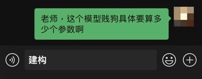 聊天记录截图显示，学生向老师发送绿色消息气泡询问：“老师，这个模型贱狗具体要算多少个参数啊”。其中“贱狗”疑似为“架构”的谐音或打字错误，形成幽默效果。界面下方有深灰色输入框，内含“建构”文字，左侧有语音图标，右侧有表情和添加附件图标，整体呈现典型的即时通讯软件对话场景。