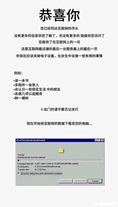 这是一张趣味恶搞的静态图文内容，整体以白色为背景，上方用黑色文字构建了一个“到达互联网尽头”的场景：先是用醒目的“恭喜你”开头，告知用户已抵达互联网最远端的最后一页，没有更多内容可浏览，随后呼吁用户关闭电子设备，回归现实生活，列举了读书、陪伴家人、结交现实朋友、参与公益、种树等具体建议，还贴心提醒出门关灯。下方则设计了一个模仿老式Windows系统的下载窗口，显示正在将整个互联网的数据以theinternet.zip的文件形式下载到本地电脑，标注了夸张的预估剩余时间4381年、超大的文件体积以及缓慢的下载速度，用这种不可能的设定制造幽默效果，调侃人们过度沉迷网络的状态，传递出回归现实生活的正向呼吁。