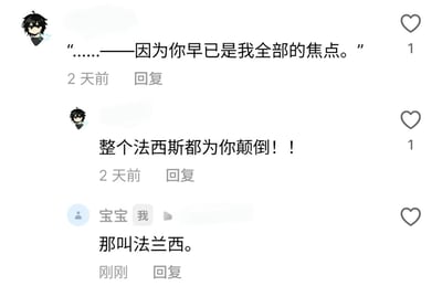 该图为社交媒体评论区截图，共展示三条评论：头像为黑色短发卡通形象的匿名用户先后发布两条评论，第一条内容为“……——因为你早已是我全部的焦点。”，第二条内容为“整个法西斯都为你颠倒！！”；随后标注身份为“我”的用户发布评论纠正称“那叫法兰西。”。内容核心笑点是发言用户出现口误，将发音相近的“法兰西”错写为“法西斯”，属于谐音口误类的搞笑玩梗内容。