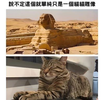 图片分为上下两部分。上半部分是埃及吉萨狮身人面像的实景照片，雕像主体为棕黄色岩石材质，背景是广阔的沙漠和晴朗天空；下半部分是一只虎斑猫的特写照片，猫咪正闭眼趴在白色台面上睡觉，表情安详。图片顶部配有文字“说不定这个就单纯只是一个猫猫雕像”，通过将庄严的历史地标狮身人面像与日常可爱的睡觉猫咪进行视觉对比，制造出幽默搞笑的效果，暗示两者在姿态上有奇妙的相似性。