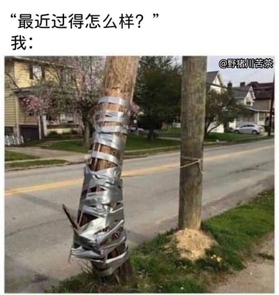 这是一张图文结合的网络自嘲梗图，画面上方设置了一段对话：他人询问“最近过得怎么样？”，随后以“我：”引出下方的现实场景照片。照片展示了户外街道旁的一根电线杆，该电线杆已经严重断裂，仅靠多道银色胶带横向缠绕，才勉强维持着没有完全倒塌的状态。这张图用这个濒临损坏却硬撑着的电线杆，来比喻自己当下的生活状态——表面上看起来还能维持正常，实际上已经濒临崩溃，身心俱疲却不得不硬扛，以此幽默又扎心地抒发了当代人在生活压力下的疲惫与无奈。