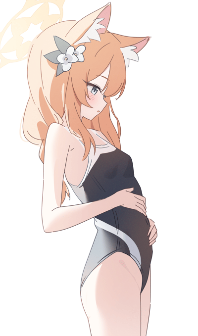 Anime-style illustration of a young female character with fox ears and tail. She has long orange hair with a white flower accessory, blue eyes, and a slight blush on her cheeks. She is wearing a black one-piece swimsuit with white trim and is posed with one hand gently placed on her stomach, looking downwards with a shy expression. The background is mostly white with some abstract yellow floral shapes in the top-left corner.