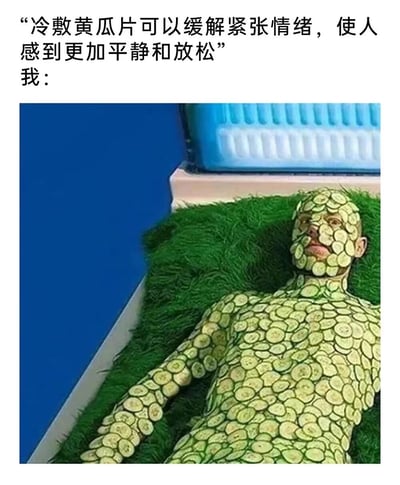这张梗图上方配有文字“冷敷黄瓜片可以缓解紧张情绪，使人感到更加平静和放松”，下方接“我：”并配上一张图片。图片中一个人全身（包括脸部、身体）都覆盖着黄瓜片，躺在绿色的毛绒表面上，背景是蓝色的墙壁和蓝色的物体。通过夸张地将黄瓜片敷满全身而非常规的只敷脸部，形成幽默效果，表达了对“黄瓜片缓解紧张”这一说法的调侃式过度执行。