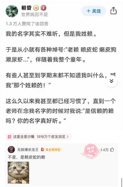 这是一张来自皮皮搞笑平台的社交媒体截图，用户“朝昏”发布了自己因姓赖而在童年被起诸多谐音绰号的经历：童年时期被起“老赖、赖皮蛇、癞皮狗、濑尿虾”等谐音绰号，甚至有同学到学期末都不知道他的本名，只以“那个姓赖的”称呼他，直到有老师将他的姓解读为“信赖的赖”并夸赞他的名字好听。评论区用户“无敌爆杀龙王”发布神评“不是，是赖皮蛇的赖”，搭配一张睁大眼睛、表情无奈的猫咪图，用谐音梗打破了暖心氛围，制造出搞笑反差。该回答获得1.3万人赞同，神评获得1.4万点赞，相关话题有1918万皮友浏览。