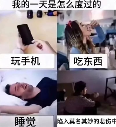 这是一张由四个独立画面拼接而成的图文混排梗图，顶部标题为“我的一天是怎么度过的”，分别用四个场景展现了当代部分人群的日常状态：左上角画面是一只手拿着手机，标注“玩手机”，呈现躺着玩手机的状态；右上角画面是一位女性仰头吃东西，标注“吃东西”；左下角画面是一位男性躺在床上睡觉，标注“睡觉”；右下角画面是一个人背对着镜头坐着，标注“陷入莫名其妙的悲伤中”。整幅图生动调侃了单调重复又偶尔会陷入情绪低落的日常，引发很多人的共鸣。