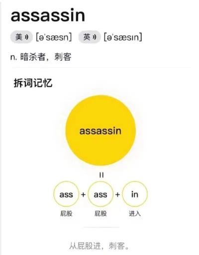 这是一张英语词汇趣味记忆梗图，核心内容为单词“assassin”（暗杀者，刺客）的拆词记忆法。图片上方展示单词拼写、英美发音音标及中文释义，中间以“拆词记忆”为标题，下方用黄色圆形突出“assassin”，并将其拆分为“ass+ass+in”三个部分，对应中文“屁股+屁股+进入”，底部配文“从屁股进，刺客。”，通过荒诞联想帮助记忆词义，整体风格幽默搞笑，适合英语学习场景分享。