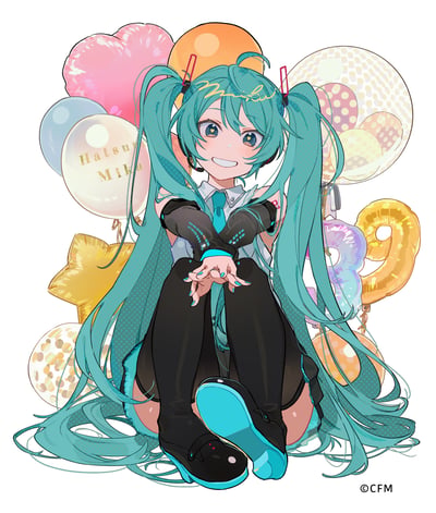 这是一幅以虚拟歌手初音未来为主题的原创插画，拥有标志性葱绿色双马尾的初音身着经典公式服，以坐姿呈现，双臂交叉后双手交握放在膝盖上，脸上露出元气满满的大笑表情，眼神明亮充满活力。她的身后环绕着各式各样的庆祝气球，包括爱心形、圆形、数字造型的气球，其中一枚气球上印有“Hatsune Miku”的字样，头发上还有金色的“miku”签名，整体画面色彩明亮柔和，充满了欢快的庆祝氛围，画风清新活泼。