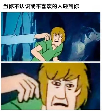 这是一张上下拼接的对比式表情包，上方画面展示一只手搭在穿绿色衣服的卡通人物夏奇的肩膀上，人物面露嫌弃、抗拒的神情；下方画面是该人物的近距离特写，原本的嫌弃表情被极度夸张放大，眉头紧皱、眼神充满反感，搭配顶部的文字，精准且生动地表现出当被自己不熟悉或反感的人触碰时，内心产生的极度不适、抗拒与厌恶的情绪，用夸张的卡通化演绎放大了社交场景中的尴尬与抵触感。