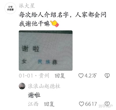 图片内容是一位网民晒出自己身份证件，姓名为“谢啦”，并配以说明“每次给人介绍名字，人家都会问我谢他干嘛”，幽默展示了中文姓名和口语的谐音混淆。评论区还有网友同名互动，进一步强化了“谢啦”作为感谢语带来的社交乌龙，场景轻松风趣。

图片中的“谢啦”既是名字又是感谢语，制造了名字与日常用语冲突的谐音梗，带有强烈幽默感。