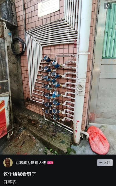 这是一张网络社交平台的内容截图，上半部分为实拍场景：粉色瓷砖的建筑外墙上，十余个水表分两列整齐排列，连接各个水表的进水白色管道统一沿墙面规整弯折排布，管线走向高度一致，视觉上非常规整；墙面角落有粗排污管道，地面有污渍、青苔，右下角放有一个红色塑料袋。截图下半部分是发布者的发言栏，发布者配文表示看到如此整齐的排布感到非常舒适，搭配的夸张标题用来调侃这套排布极度工整的水表管线会让从事水表相关工作的人员看到后产生极强的舒适感，甚至出现夸张的反应。