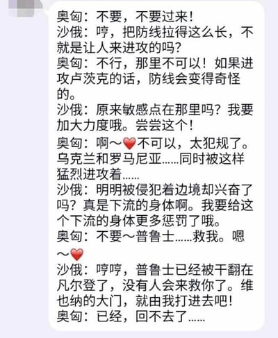 这是一段以第一次世界大战时期的奥匈帝国、沙俄、普鲁士为拟人角色创作的擦边恶搞段子，采用聊天记录的纯文字呈现形式。内容将一战中的军事行动用低俗暧昧的对话进行解构，比如把沙俄对奥匈的边境进攻、夹击乌克兰和罗马尼亚等战争行为，用带有性暗示的互动语言表述，还融入了普鲁士在凡尔登战败的历史细节，整体通过低俗擦边的方式来恶搞历史战争场景，制造荒诞的趣味感。