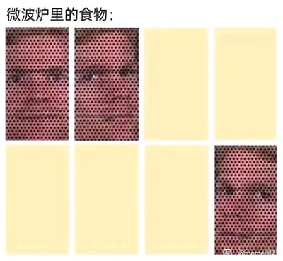 这是一张吐槽微波炉加热食物不均的搞笑梗图，标题标注“微波炉里的食物：”，画面模拟微波炉的窗口视角被分割为8个区域，其中3个区域是透过微波炉金属网格看到的、一脸怨念的人脸，其余5个区域是空白的浅色背景，以此形象地调侃使用微波炉加热食物时，经常出现只有小部分被加热、大部分还是冷的的糟心日常，将被加热的部分拟人化为满脸无奈的“食物”，精准戳中大众的日常痛点，充满趣味性。