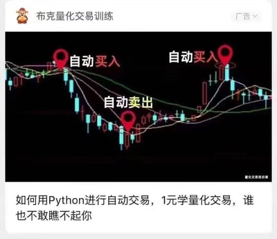 这是一张布克量化交易训练的广告图片，展示了一个股票交易图表，图表上有多个标记点分别标注为'自动买入'和'自动卖出'。图片下方有促销文字：'如何用Python进行自动交易，1元学量化交易，谁也不敢瞧不起你'，顶部有'布克量化交易训练'的标题和一个卡通猴子头像，右上角有'广告'标识。