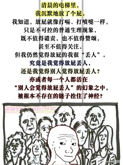 这是一幅以日常社死场景为主题的手绘meme图，采用图文混排的形式。上方文字部分以第一人称视角，讲述了清晨在电梯里放屁后的心理变化：先是客观认知到放屁是普通的不可控生理现象，随即陷入自我羞耻感，进而展开深层的心理叩问——到底是自己觉得这件事丢人，还是预设了别人的看法，甚至每个人都活在“他人会评判自己”的幻象中，被不存在的社交枷锁束缚。下方的手绘画面里，电梯内挤满了乘客，中心的卡通人物眉头紧皱、额头冒汗，满脸局促尴尬，周围的乘客都将目光投向他，生动还原了社死瞬间的氛围，用生活化的小事引出对社交心理束缚的探讨。