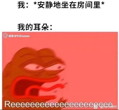 这是一张图文混排的反差类梗图，上方文字描述了“我”正安静待在房间里的状态，下方则使用经典表情包角色悲伤蛙Pepe大张嘴巴嘶吼、配文“Reeeeeeeeeeeeeeeeeee”的动态画面，以此幽默地表现当人处于安静环境中时，耳朵仿佛会被放大的细微声响或是自身脑补出的“噪音”侵扰的状态。通过“外在的安静”与“耳朵感知到的吵闹”形成强烈反差，精准吐槽了独处时容易被莫名声响干扰、内心难以真正平静的日常体验，夸张的卡通形象让这种微妙的情绪更具感染力，容易引发大众共鸣。