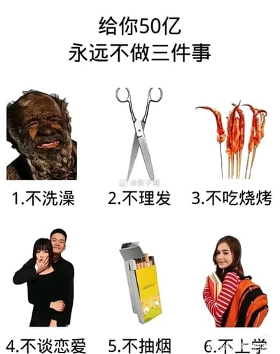 这是一张幽默风格的拼贴梗图，顶部文字为'给你50亿 永远不做三件事'，下方分两行排列了六个选项，每个选项包含图片和对应文字说明：1.不洗澡（配邋遢人物形象图）、2.不理发（配剪刀图）、3.不吃烧烤（配烤串图）、4.不谈恋爱（配情侣拥抱图）、5.不抽烟（配香烟盒图）、6.不上学（配背书包学生图）。图片通过夸张对比，调侃人们在巨额金钱与日常习惯/需求之间的假设选择。