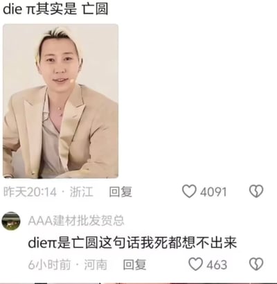 图片为社交媒体评论区截图，顶部以“die π其实是亡圆”作为核心笑点，通过谐音梗制造幽默效果：“die”谐音“亡”（死亡），结合数学常数π（圆周率，象征圆形），组合成“亡圆”（死亡的圆）这一荒诞又巧妙的表达。下方展示两条用户评论互动，第一条来自浙江用户（发布于昨天20:14），获4091点赞；第二条为“AAA建材批发贺总”于6小时前在河南发布，评论“dieπ是亡圆这句话我死都想不出来”，获463点赞，两条评论均对该谐音梗的创意表示惊叹。