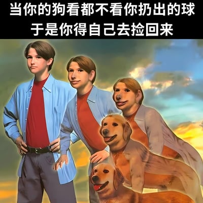图片上方为黑色背景白色文字，内容是“当你的狗看都不看你扔出的球 于是你得自己去捡回来”。下方画面中，有三个身着蓝色衬衫和红色内搭的拟人化人物，其中右侧人物面部带有明显狗的特征，表情淡定。人物前方有两只金毛犬，表情开心，整体背景是带有云彩和夕阳的天空。图片通过拟人化手法和幽默文字，表现了狗狗对主人扔球行为的漠视，导致主人不得不自己捡球的无奈又搞笑的场景。