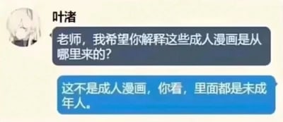 这是一张聊天记录截图，画面中用户“叶渚”以质问的语气向老师询问成人漫画的来源：“老师，我希望你解释这些成人漫画是从哪里来的？”，而老师给出了完全偏离常规认知的荒谬回复：“这不是成人漫画，你看，里面都是未成年人。”。这里的笑点在于老师错误混淆了“成人漫画”的定义，成人漫画的核心是面向成人受众、包含不适宜未成年人的内容，而非“以成年人为内容主体的漫画”，这种概念误解制造出荒诞的搞笑效果，属于典型的搞笑梗图。