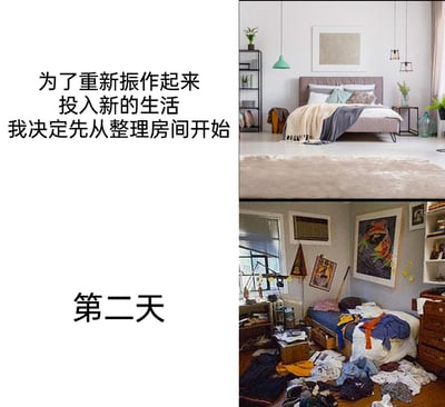 这是一组通过上下对比呈现的趣味梗图，左上配文“为了重新振作起来 投入新的生活 我决定先从整理房间开始”，对应右侧一间布置温馨、整洁有序的卧室，展现出主角立下目标时的积极状态；左下配文“第二天”，对应右侧一间杂乱不堪的房间，衣物、杂物散落满地，抽屉敞开，完全没有收拾的迹象。两组画面形成强烈反差，精准调侃了很多人立下改变的目标后，却因缺乏毅力很快放弃，甚至让情况变得更糟的“三分钟热度”式生活状态，充满自嘲与共鸣感。