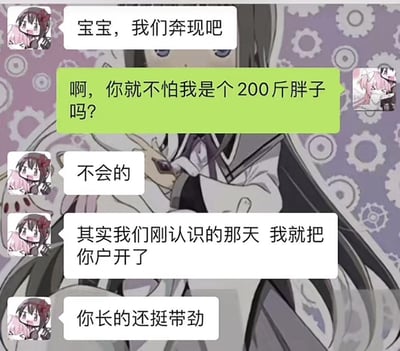 这是一张虚构的网友聊天记录截图，对话围绕网恋奔现展开：一方主动提出奔现，另一方担心自己是200斤的胖子，对方却表示早就“把你户开了”（谐音玩梗，实际指查过对方真实长相），还评价对方长得挺带劲。这段对话用谐音制造搞笑反差，打消了奔现的外貌顾虑，充满轻松幽默的氛围。