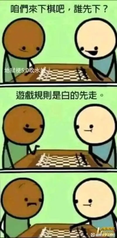 这是一组三格连环卡通梗图，属于恶趣味的地狱笑话内容。第一格画面中，棕色皮肤的卡通角色与白色皮肤的卡通角色坐在国际象棋棋盘前，上方文字写着“咱们来下棋吧，谁先下？”；第二格画面里，白色皮肤的角色说道“游戏规则是白的先走”；第三格画面出现荒诞反转，棕色皮肤的角色将白色皮肤的角色直接放在了棋盘上，自己露出愤怒的表情，白色皮肤的角色则一脸平静。该梗利用“白的先走”的双关含义，既指国际象棋规则里白方棋子先走，又被曲解为“白皮肤的角色先走”，从而制造出把人当作棋子的无厘头荒诞笑点。