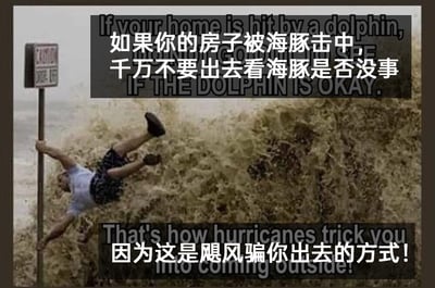 这是一张以飓风天气为主题的搞笑梗图，画面主体是一名男子在飓风引发的汹涌巨浪中，双手紧紧攥住路边的警示杆，身体被强风吹得悬空，处境看起来极为凶险。图片搭配了两段无厘头的文字提示，上方文字写道“如果你的房子被海豚击中，千万不要出去看海豚是否没事”，下方文字补充“因为这是飓风骗你出去的方式！”，用一种荒诞、拟人化的玩笑逻辑，将飓风塑造成会用离奇诱饵哄骗人们外出的“恶作剧者”，以幽默夸张的形式，提醒人们在飓风天气里不要随意外出，把严肃的安全提示包装成趣味十足的网络段子。