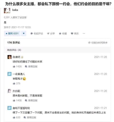 这是一张知乎平台的问答截图，提问者提出“为什么很多女主播，都会私下跟榜一约会，他们约会的目的是干嘛？”的问题，该问题看似是需要详细解答原因与目的的简答题，而用户kaka仅用一个“是”字回复，这个回答意外获得了6591个赞同。评论区的用户纷纷玩梗，指出答主将这个问题拆解成了判断题来回应，调侃答主是“审题鬼才”，还有用户表示自己一开始没反应过来，后知后觉才发现这个回答的趣味点，整体互动充满了搞笑的氛围，利用问题表述的歧义制造出了幽默效果。