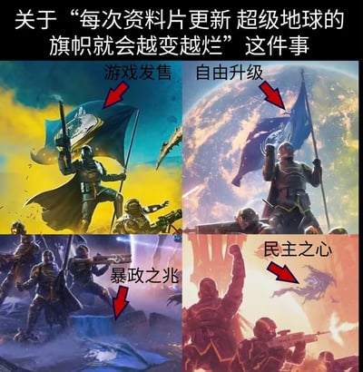 这是一张玩家自制的吐槽梗图，通过拼接《地狱潜者2》四个不同版本的官方宣传图，展示超级地球的旗帜随资料片更新逐渐破败的过程：
1. 游戏发售时：旗帜完整清晰，图案明确，士兵举旗姿态昂扬；
2. 自由升级版本：旗帜出现破损，颜色暗淡；
3. 暴政之兆版本：旗帜几乎完全损毁，只剩残片；
4. 民主之心版本：旗帜彻底变成类似异形的诡异图案，完全失去原本的样子。
玩家借此调侃游戏里的「超级地球」势力在资料片更新中逐渐背离最初设定，走向极端方向，充满玩梗趣味。