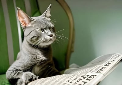 一只灰色的猫正坐在绿色的椅子上，前爪搭在一张打开的报纸上，表情严肃地向右上方望去，仿佛在认真阅读或思考。背景是浅绿色的墙壁和绿色条纹的家具，营造出一种安静的室内氛围。