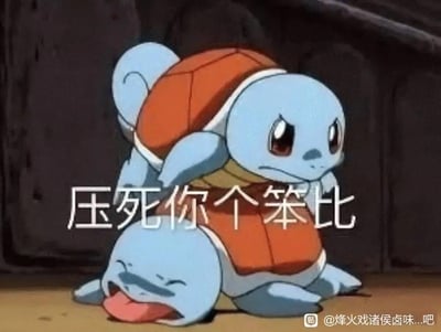 这是一张基于《宝可梦》角色杰尼龟制作的搞怪梗图，画面中一只杰尼龟摆出严肃带点凶的表情，坐在另一只躺平吐舌、露出搞怪神态的杰尼龟身上，搭配醒目的白色文字“压死你个笨比”，用可爱的动画角色做出看似欺负人的动作，结合直白的吐槽话语，营造出搞笑又有点损的趣味氛围，适合用于和朋友开玩笑、社交平台吐槽或者聊天斗图。
