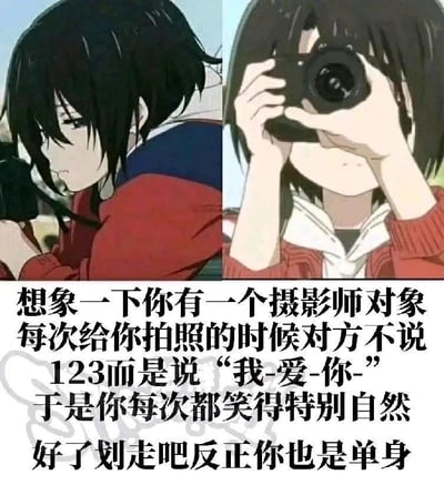 这是一张由两张动画截图拼接而成的图文梗图，上半部分是《境界的彼方》中角色栗山未来的两张画面：左侧是她侧头手持相机、神情沉静的侧脸；右侧是她双手举着相机，将相机对准镜头的画面。下半部分是一段扎心文案，先描绘了一个甜蜜的幻想场景：想象拥有一个摄影师对象，拍照时不说123而是说“我-爱-你-”，让你笑得自然，随后话锋一转，用“好了划走吧反正你也是单身”的内容暴击单身群体，通过甜蜜幻想与现实单身的反差制造搞笑又扎心的效果，没有双关、谐音梗等内容。