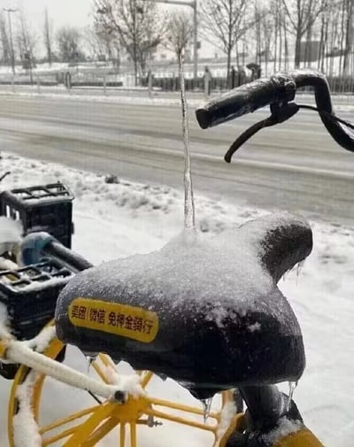 这是一张在寒冷雪天拍摄的户外照片，主体是一辆美团共享单车的局部特写。车身黄色的车架、车把与车座都覆盖着积雪，车座上除了积雪外，顶端还形成了一根细长的冰柱垂直向上延伸，车座边缘也挂着几根短小的冰柱，直观体现出环境的低温。车座左侧贴着黄色标识，上面写有“美团 微信 免押金骑行”的字样。背景是积雪覆盖的道路与路边光秃秃的树木，整体氛围寒冷萧瑟，车座上的细长冰柱是画面中最引人注目的奇特细节。