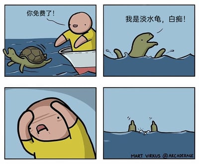 这是一则四格卡通连环漫画，讲述了一个因缺乏常识而好心办坏事的悲剧性搞笑故事：第一格中，穿黄色衣服的男子站在船上，将一只乌龟放入海中，面带笑容地说“你免费了！”，以为自己在做放生行善的好事；第二格中，被放入海里的乌龟愤怒地大喊“我是淡水龟，白痴！”，直接点出男子的常识错误，淡水龟无法在海水中生存；第三格中，男子得知真相后双手抱头，脸上露出崩溃、懊悔的痛苦表情；第四格中，海面上只露出乌龟的两只前肢，伴随着气泡，显示它已经在海水中濒临死亡，男子的错误行为最终导致了悲剧结局。漫画以黑色幽默的方式讽刺了缺乏基本常识却盲目行善的行为。