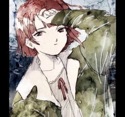 这是一幅水彩手绘风格的原创插画，画面主体是一位留着红棕色短发的少女，她身着带有红色领结的浅色内搭，外披一件军绿色外套，正抬起左手搭在额前，眼神平静淡然地望向前方。背景采用冷色调的晕染处理，笔触柔和自然，色彩过渡细腻，整体营造出一种沉静、略带清冷的氛围感，充满手绘艺术的质感。