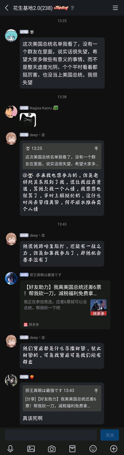 这是一张QQ群聊的截图，群名为“花生基地2.0(238)”，群友们围绕美国总统选举名单展开了一系列趣味玩梗互动。LV52的群友先发消息调侃群友都没出现在美国总统名单里，表达“失望”并调侃大家虚度光阴；随后LV49的群友deep丶造接梗，称自己本打算参选美国总统，是特朗普托关系让他放弃，还戏称自己参选的话特朗普就没有获胜机会；之后LV41的群友发布了模仿拼多多“砍一刀”玩法的恶搞内容，称自己离当美国总统还差6票需要好友助力；deep丶造继续玩梗，称其他参选者背后是财团，而自己的后盾是所有群友；最后LV53的群友吐槽这个恶搞的砍一刀内容。整个聊天过程充满了调侃和搞笑的氛围，是群友结合热点和网络流行玩法的自娱自乐。