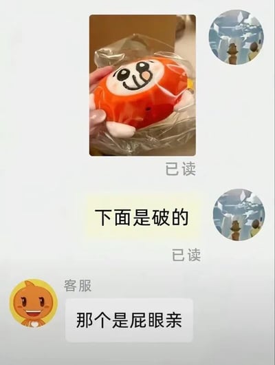这是一张网购聊天界面的截图，买家购买了一个橘红色卡通玩偶，将装在透明塑料袋里的玩偶拍照发给商家，配文说明「下面是破的」，两条消息都显示已读；客服使用带有淘公仔头像的账号回复买家「那个是屁眼亲」，是买家误将玩偶的设计孔洞当成破损，产生了搞笑的误会。